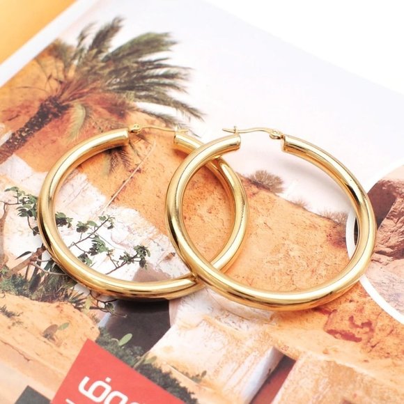 NEW 18K Yellow Gold Round 2'' Tube Hoop Earrings - Picture 3 of 9